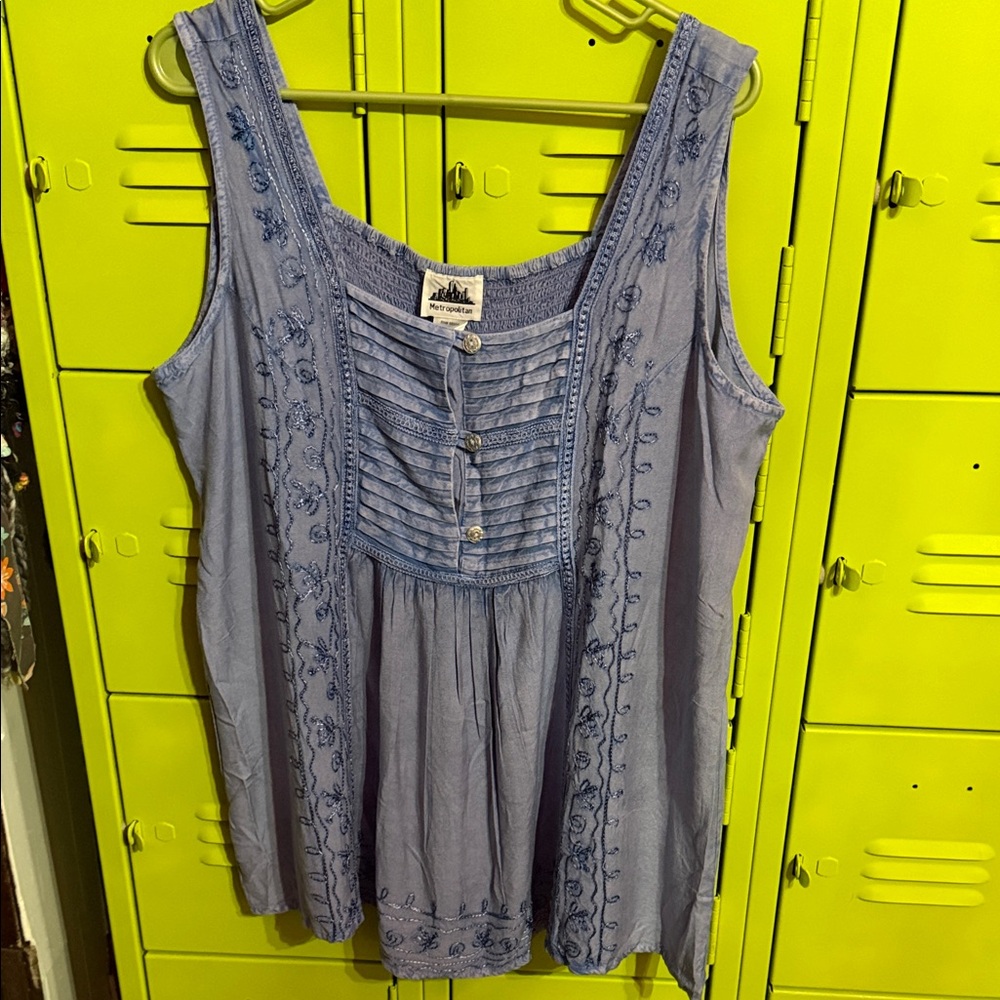 Sleeveless Embroidered Pintuck Tunic Top - Light Periwinkle